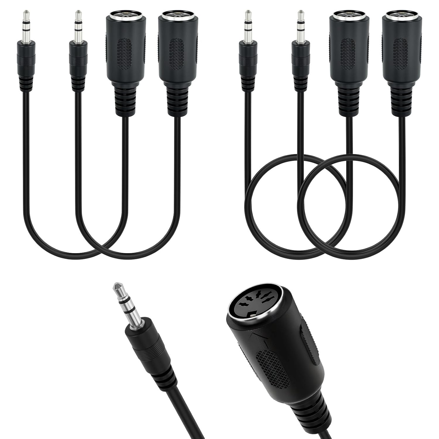 4Pcs Type-A MIDI to 3.5mm Adapter | Include 14" & 6" TRS 3.5mm Male to MIDI Female 5 Pin DIN Breakout Cable | Ultra-Compact Plug | for Synths Keyboards DAWs