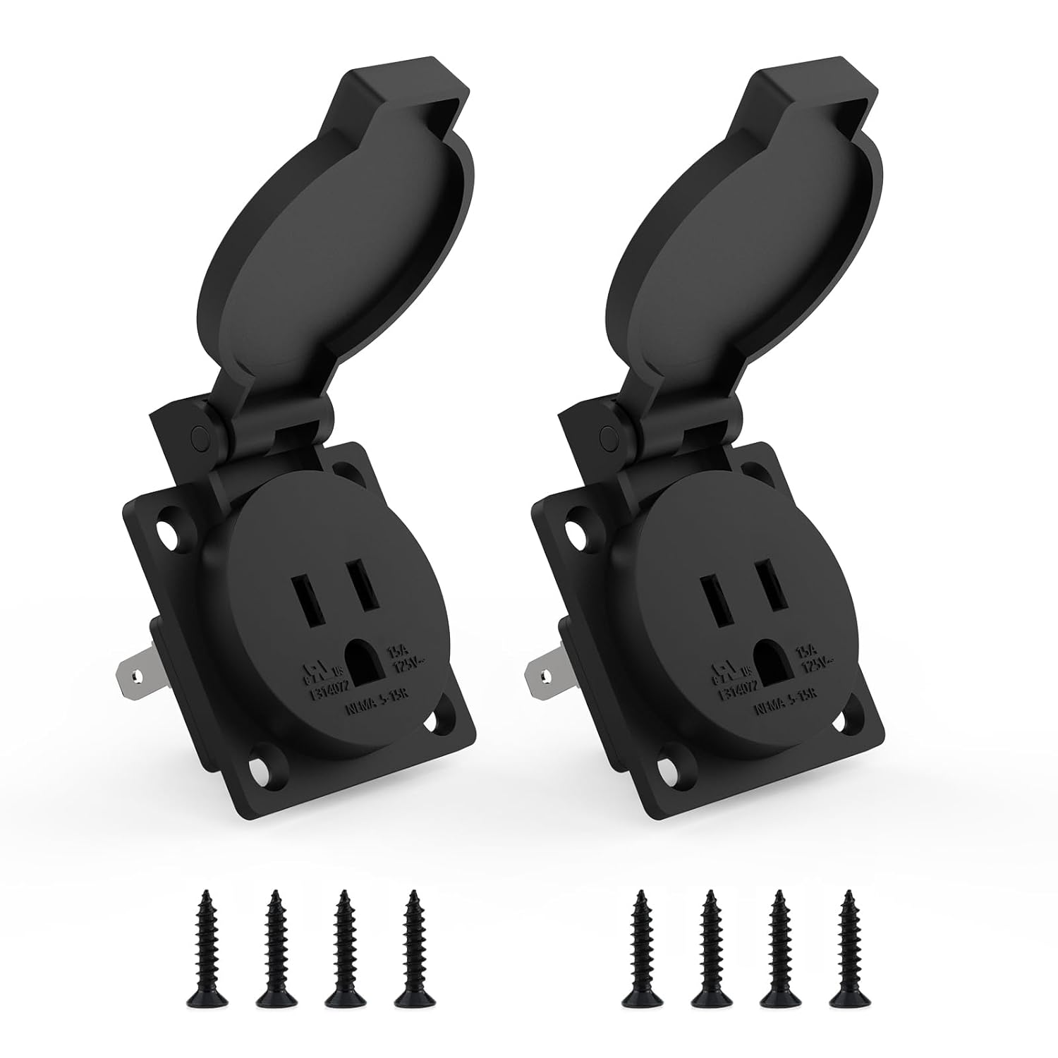 US Standard Water-Proof Power Outlet 15Amp 3-Hole Socket, 125Volt Power Outlet Receptacle, NEMA 5-15R with Cover Socket,Panel Mount Dustproof Industrial Electrical Female Plug (2-Pack)