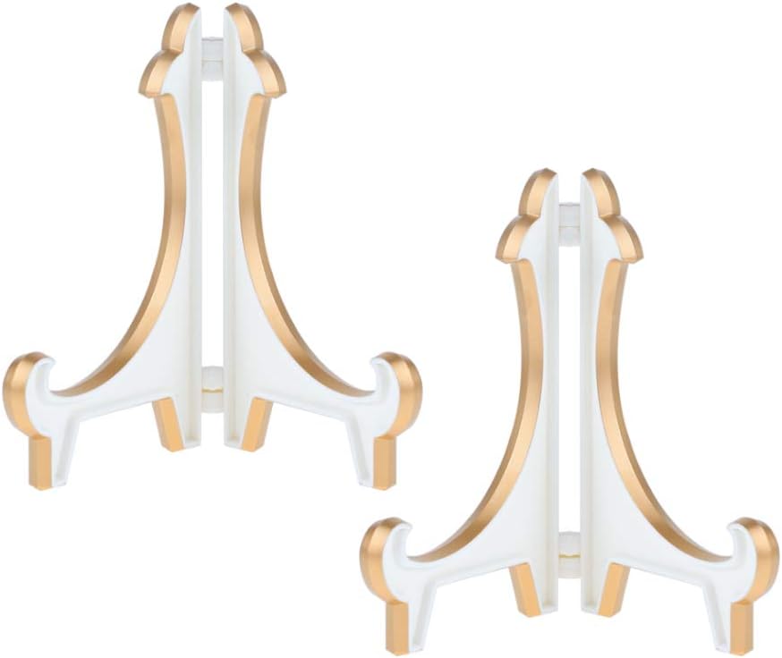 2 Pack 5inch White Gold Thicken Acrylic Easels Display Stand Plate Stand Holder display Pictures Frame ,Decorative Plates, and Artworks
