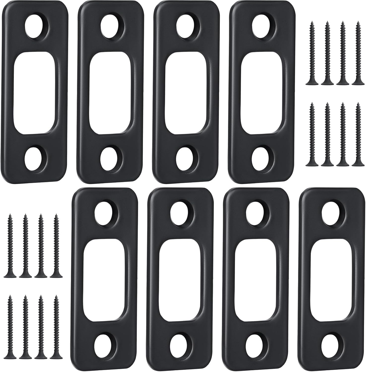 8 Pcs 1" x 2-1/4" Door Deadbolt Strike Plate Carbon Steel Round Corner Door Backplate Heavy Duty Strike Plate with 16 Pcs Screws for Home Office Residential Use, Matte Black
