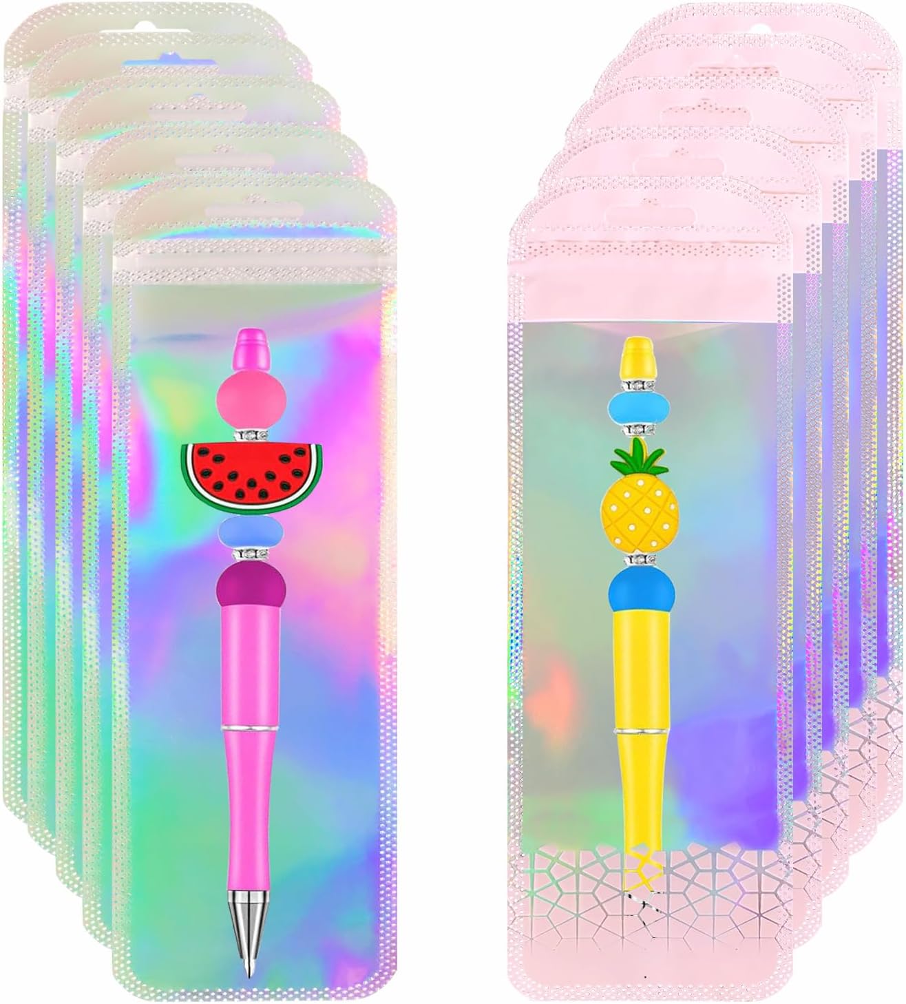 100 PCS Clear Beadable Pen Packaging Bags Resealable Zipper Holographic Beaded Bags for Small Bussniss Packaging for Jewelry 2.75x8.66"