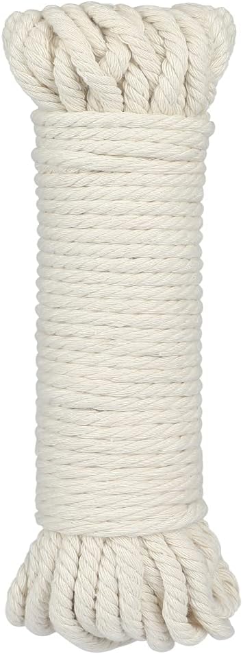 1/4Inch Cotton Rope - 6mm x 65Ft White Macrame Cord, 4Ply Clothesline Ropes for DIY Crafts, Outdoor, Nautical, Toys