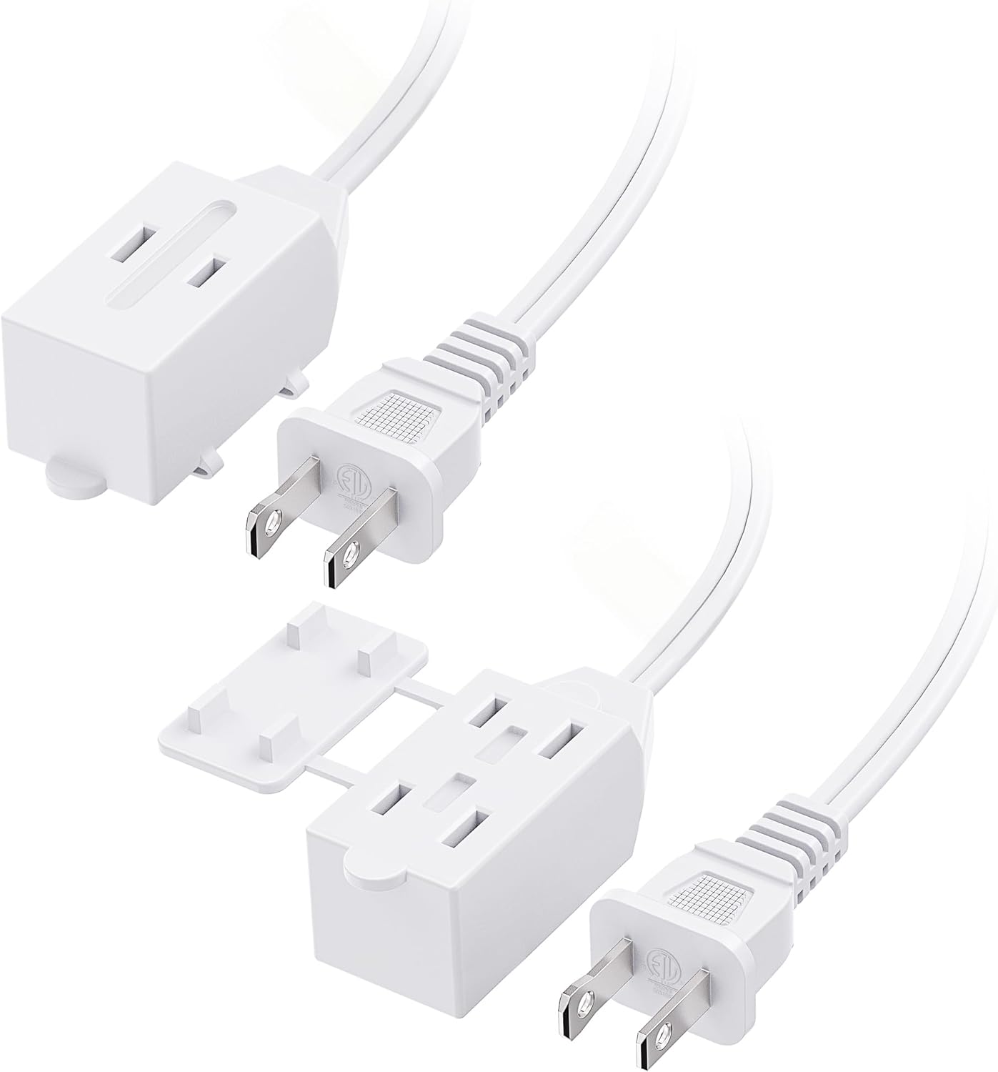 [ETL Listed]  2-Pack 16 AWG 2 Prong Extension Cord 6 ft, 13A 3-Outlet Extension Cords with Tamper Guard, 13 Amp, 1625 Watts, White
