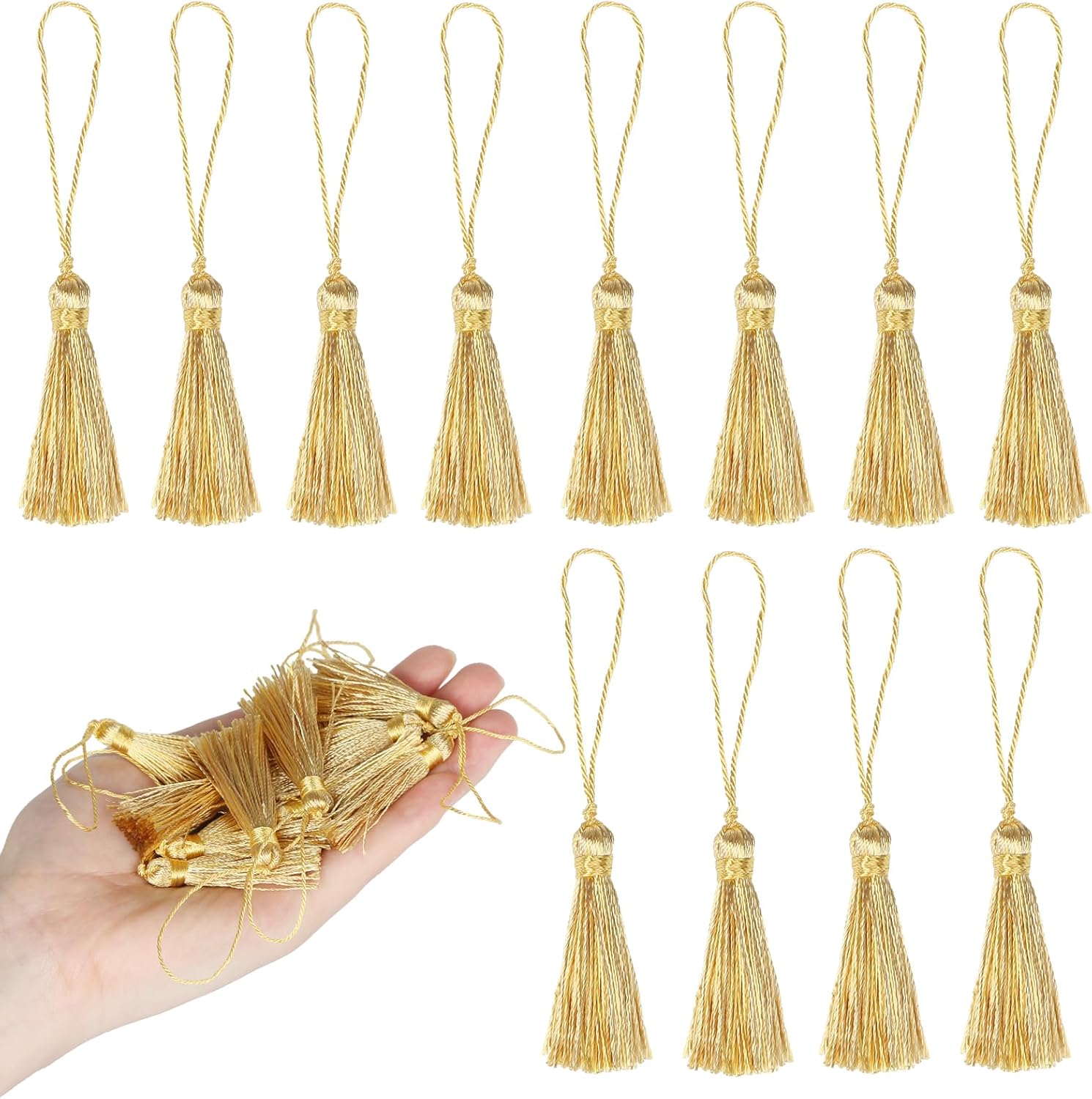 45 pcs Mini Bookmark Tassels 3.75inch/9.5cm Silky Handmade Key Tassel with 2.15inch Cord Loop, DIY Craft Accessory,Tags (lNew Gold)…