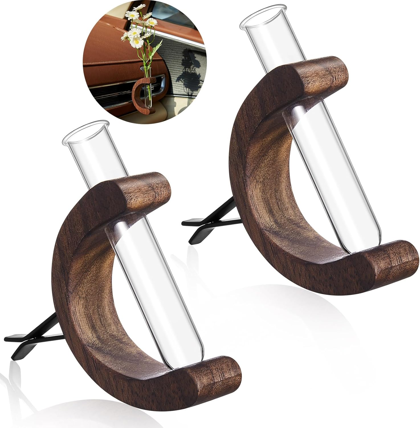 2 Pcs Mini Glass Car Flower Vase Clip Holder Car Propagation Vase Vent Clip Plant Holder Auto Glass Tube for Plants Decor Wooden Ornament Decorations Accessories (Walnut Color)