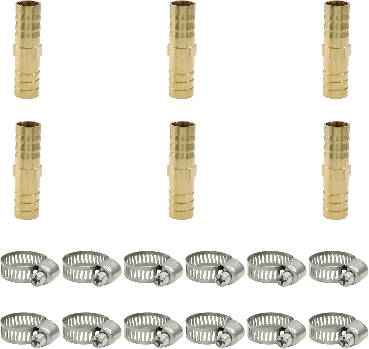 6Pcs Brass Hose Barb Fitting, 1/2" to 1/2" Barb Splicer Mender Hose Fittings Brass Hose Barb Adapter with Pipe Hose Clamp for Air Water Fuel Oil