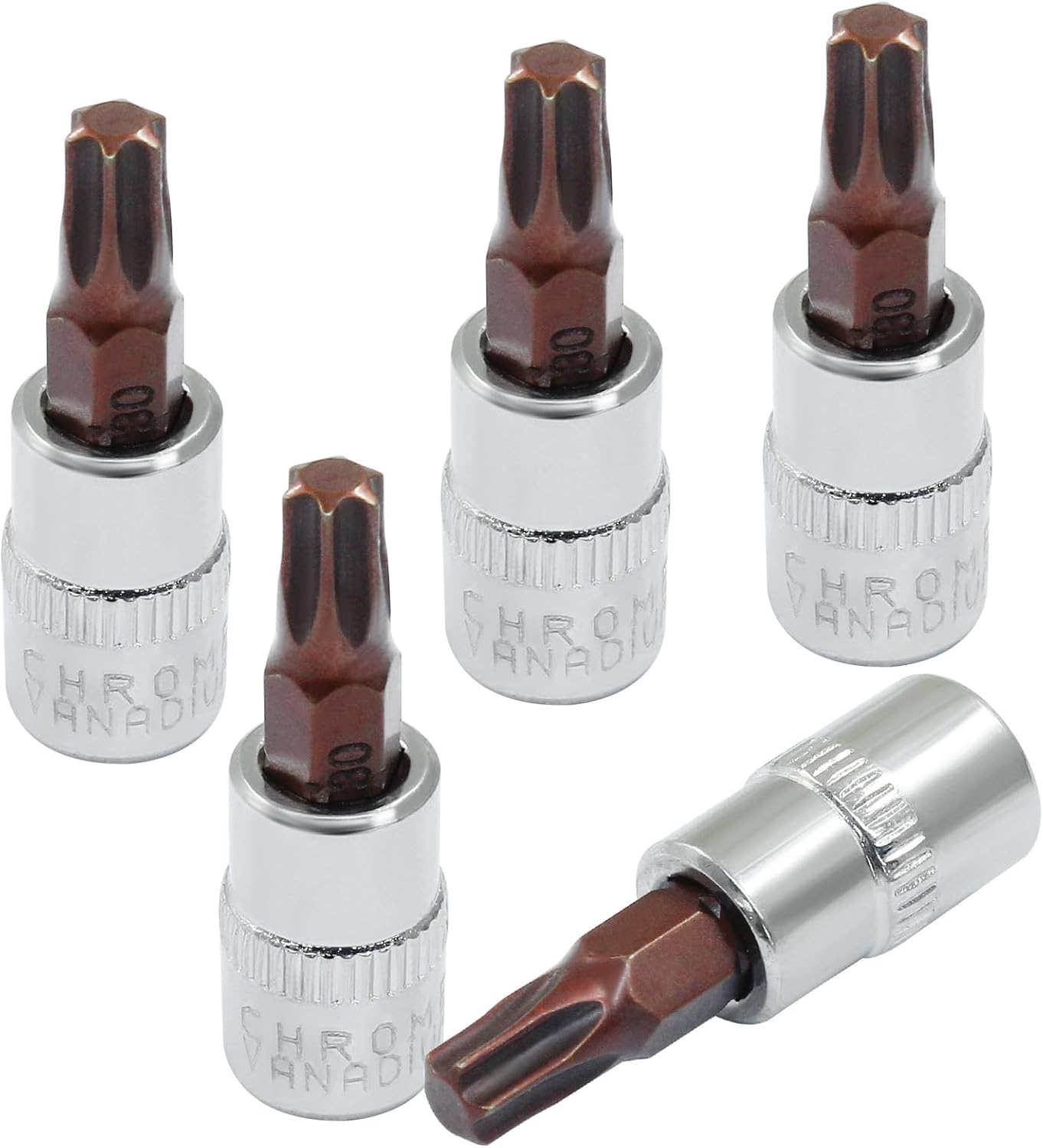 5 Pcs T30 Torx Bit Socket 1/4" Drive S2 Alloy Steel Cr-V Steel Star Socket Torx Bits Set Use with Slide Bar, Ratchet Wrench, Extension Rod, 37mm Length