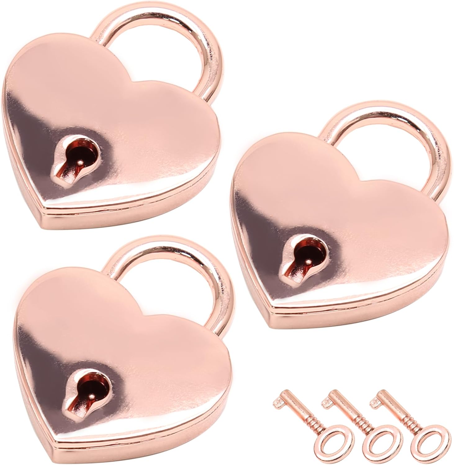 3pcs Mini Heart Shaped Padlock, Metal Lock with Key for Diary Book Jewelry Storage Box Handbag (Rose Gold)