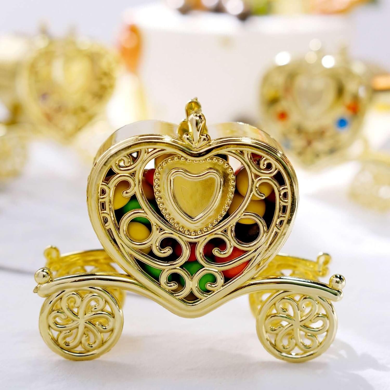 Efavormart 12 Pack - 4" Gold Fillable Heart Carriage Favor Candy Boxes for Wedding, Bridal Shower, Baby Shower, Birthday, Candy Jars Decorations