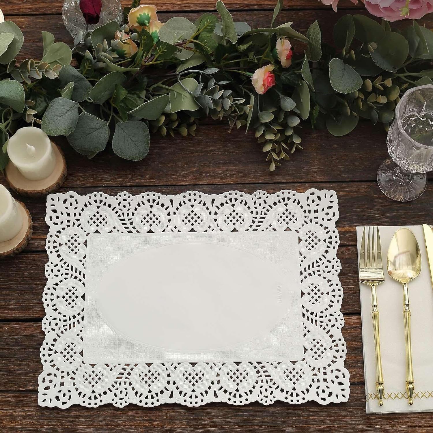 Efavormart 100 Pack Rectangle White Paper Doilies, Food Grade Lace Paper Placemats - 14" L X 10" W