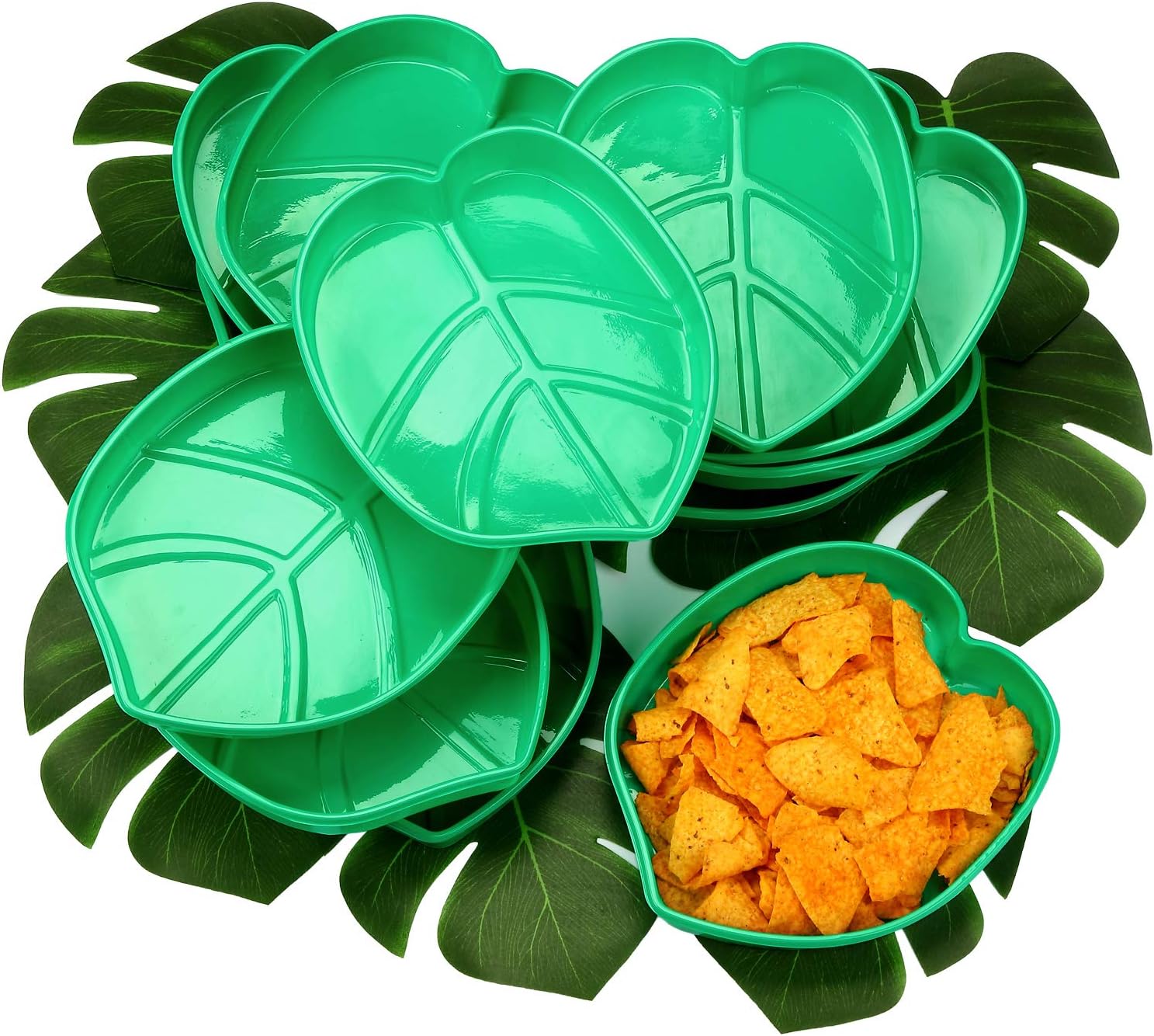 12 Set Palm Leaf Snack Tray Hawaii Reusable Food Tray with Tropical Imitation Green Plant Leaves, Cookies Chips, Candy Dip, for Jungle Island Luau Party Decorations Birthdays, 8.3 x 7 Inch