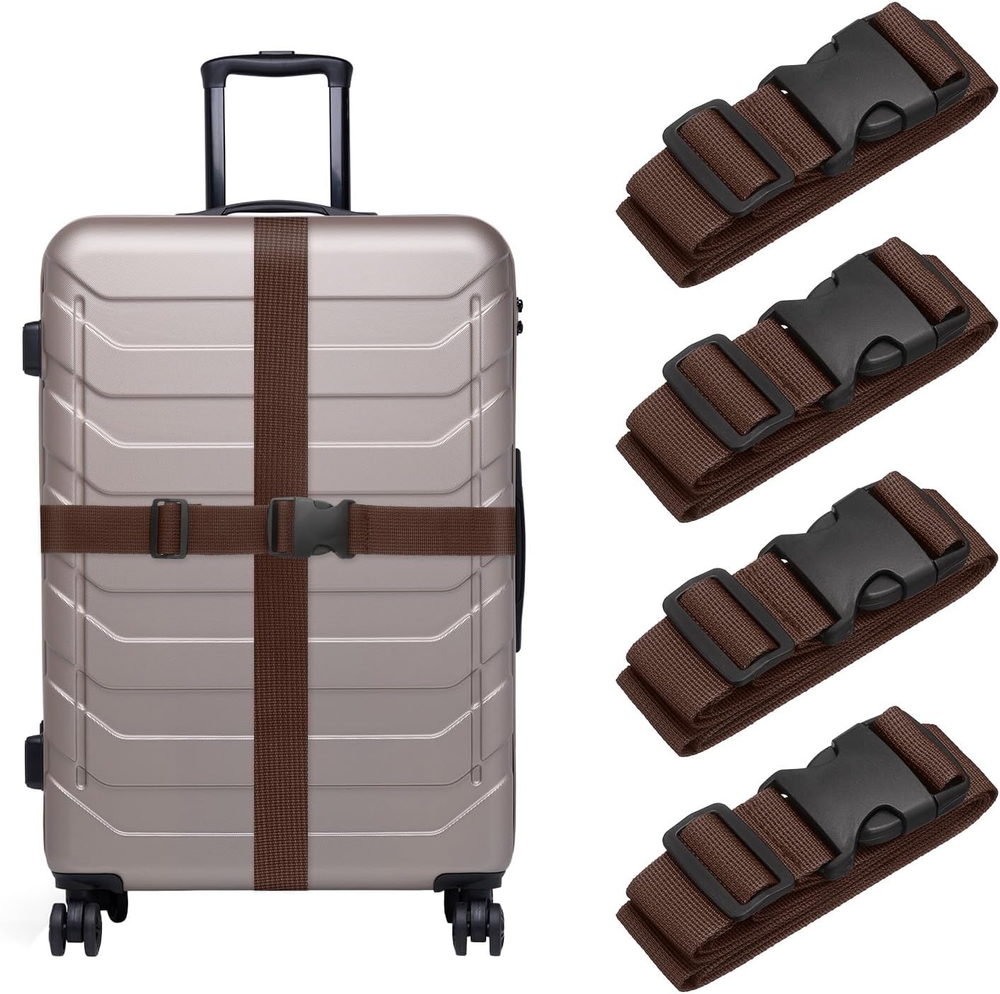 4 Pcs Luggage Straps for Suitcases, Adjustable Luggage Connector Strap Buckle Travel Suitcase Bag Strap Belt Luggage Accessories for Travel Suitcase Bag Connect, Dark Brown