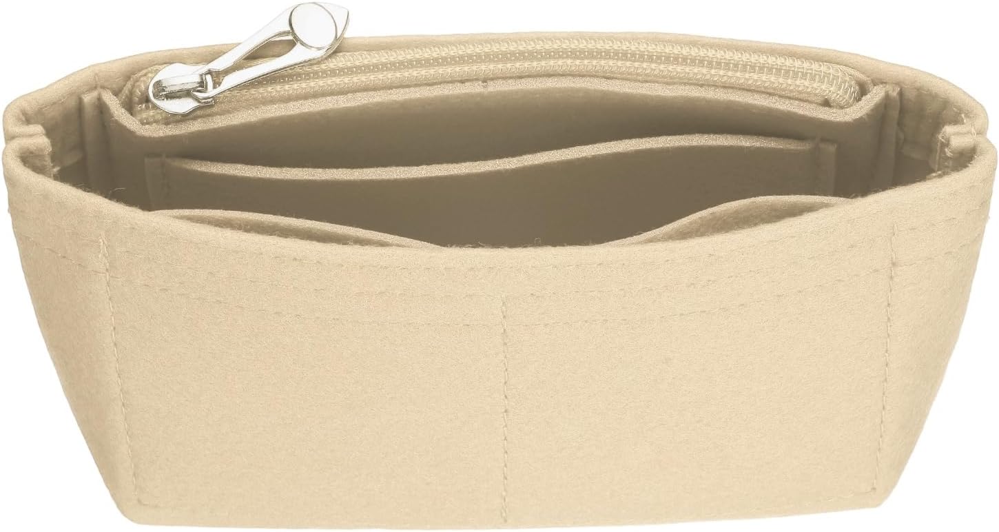 Purse Organizer Insert, Small Felt Handbag Organizer Mini Bag Storage & Finishing Inner Bag Liner with Zipper for Chic Backpack Tote Shoulder Bags, Khaki