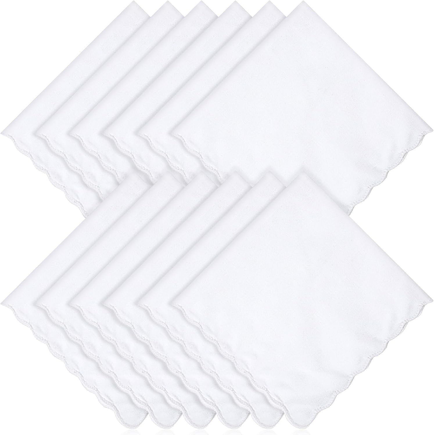 12 Pcs White Handkerchiefs for Women, Premium Polyester Soft Scalloped Edge Ladies Handkerchiefs Hankies, Small Pocket Squares Handkerchief for Wedding Party Gift Embroidery (11 x 11 Inch)