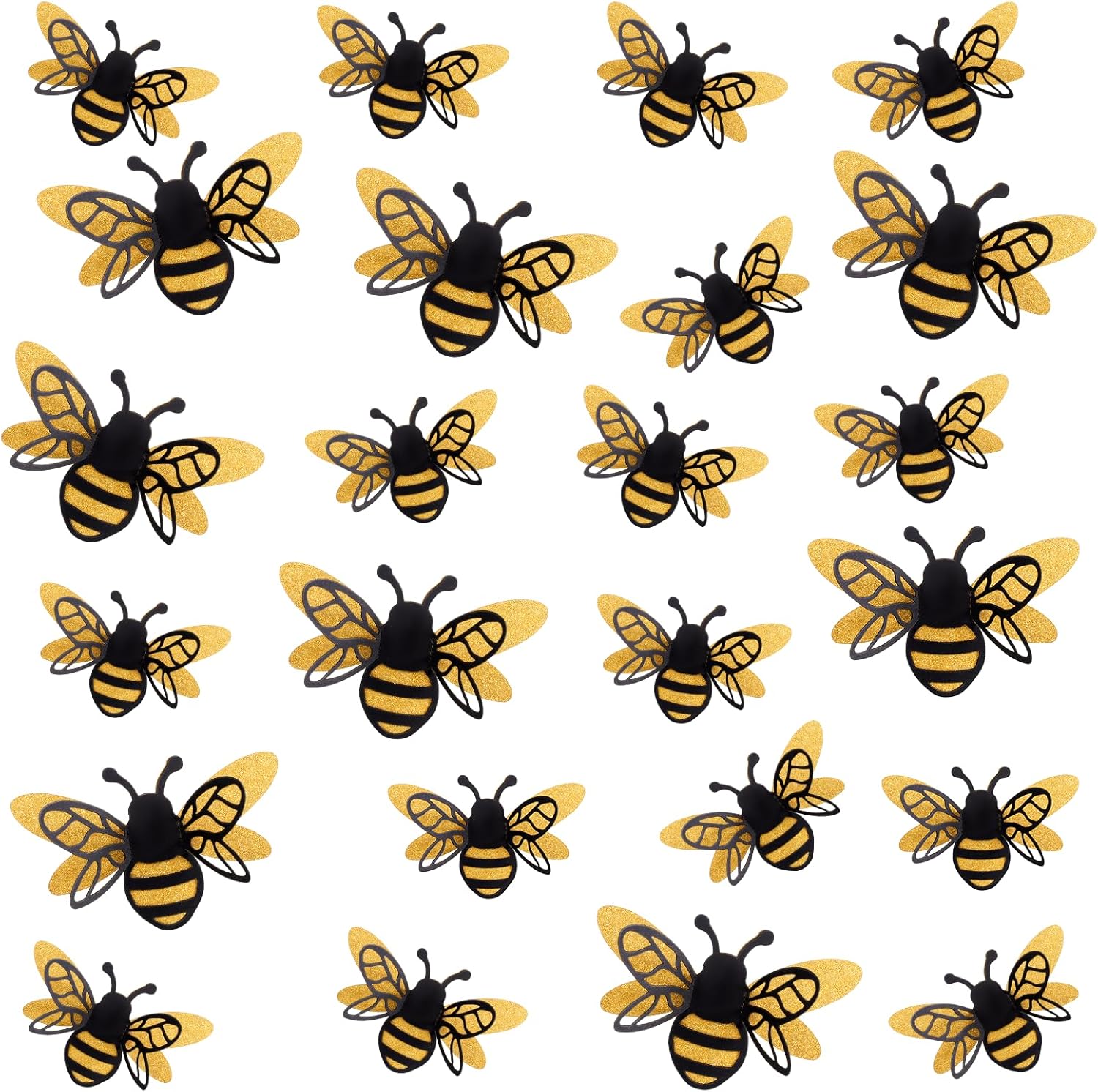 24 Pcs 3D Bee Decorations, 2 Size Double Layer Glitter Honey Bee Stickers Wall Decor, Realistic Shining Big Bumble Bees Cutouts Decals for Home, Party, Classroom, Outdoor Themed Decor