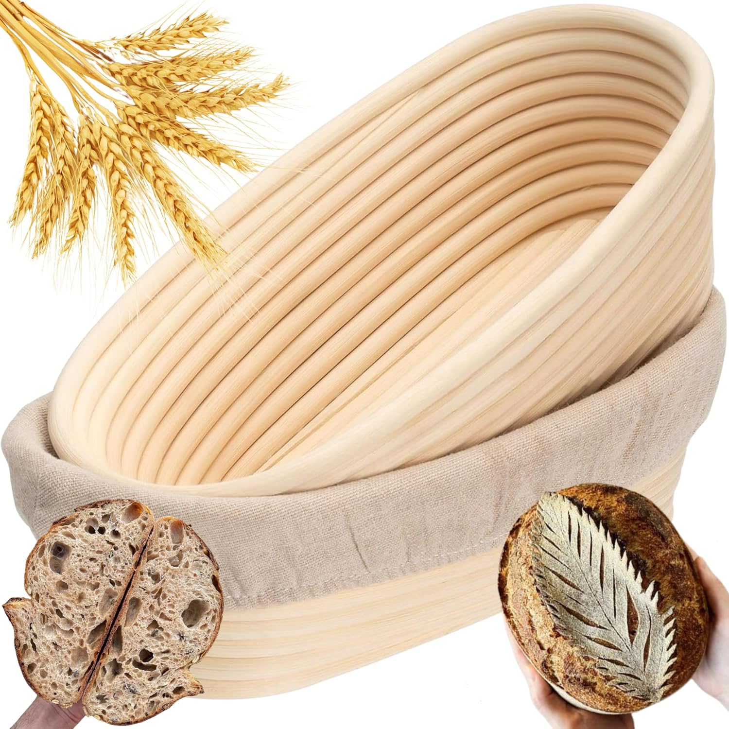 Bannet Bread Proofing Basket 2 pack 10 inch Oval Basket with Liner, Bread Proofing Basket Perfect for Professial & Home Sourdough Bread Baking, Artisan Sourdough Bread (Set of 2 pack 10" Oval)