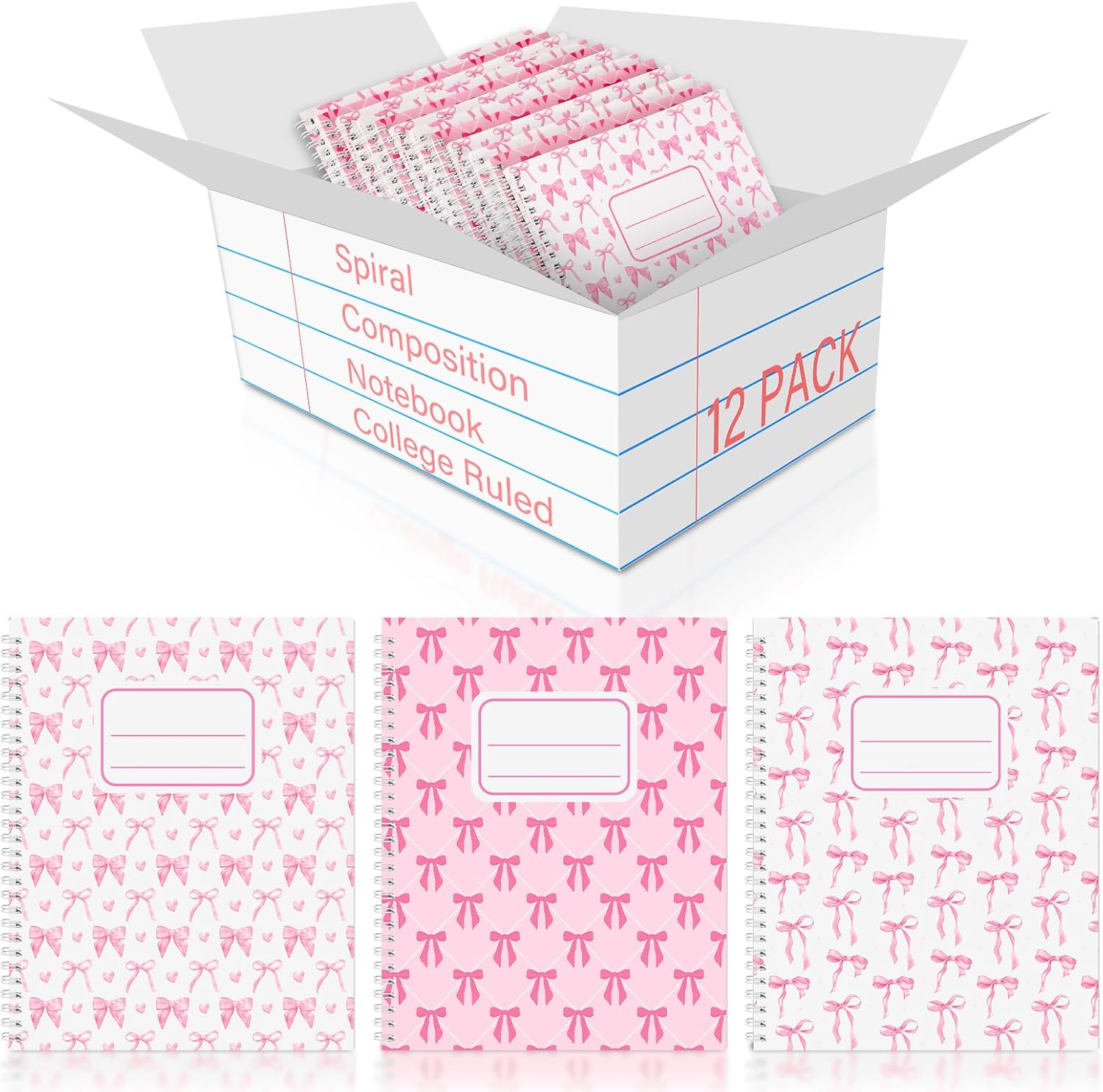 12 Pack Pink Bow Composition Notebooks Preppy Cute Coquette Spiral Notebook 9-3/4 x 7-1/2 Inch College Ruled Hard Cover Journal Back to School Teacher Gifts Preppy School Supplies, 100 Pages