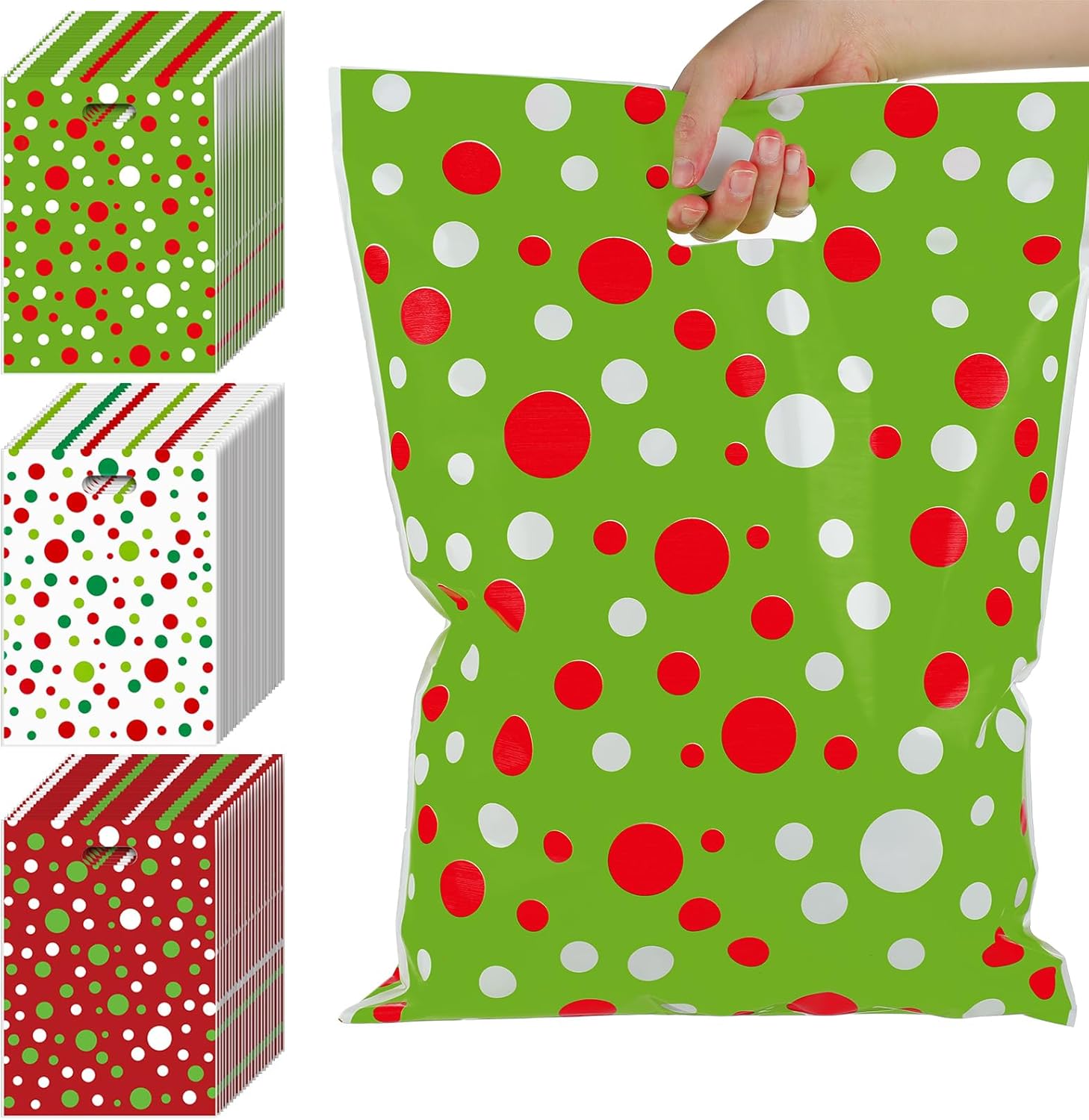 200 Pcs Jumbo Red Green Christmas Gift Bags Bulk 17 x 12 Inch Large Plastic Christmas Goody Gift Bags Lime Green Design with Handles for Funny Party Favor Bags Xmas Party Decoration