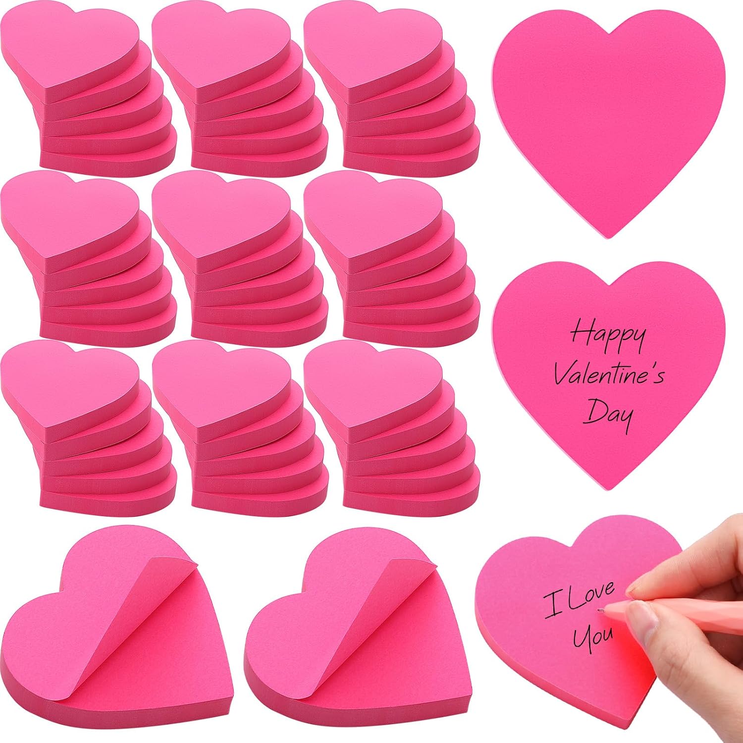48 Pcs Mother's Day Heart Sticky Notepads 3 x 3 Inch Bright Color Self Sticky Notes Cute Memo Pads for Men Women Wedding Birthday Party, 100 Sheets/pad (Pink)