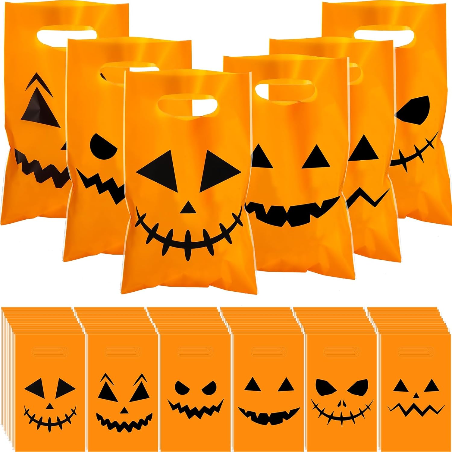 480 Pcs Fall Thanksgiving Plastic Pumpkin Gift Bags Halloween Trick or Treat Candy Goodies Jack O Tote Bags with Handle Party Decoration Favor Supplies
