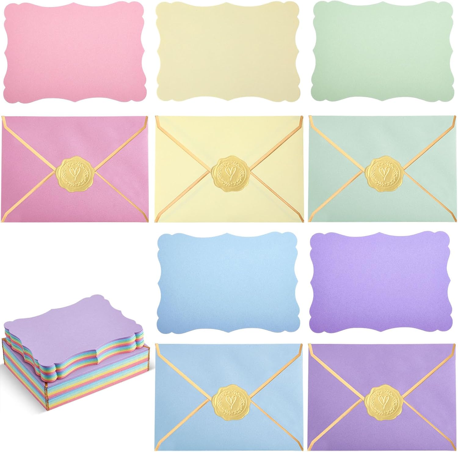 50 Set A7 Assorted Colors Envelopes 5 x 7 V Flap Card with Gold Border, Printable Blank Invitation Envelopes with Stickers for Breast Cancer Day Christmas Greeting Birthday Baby Shower(Macarons)