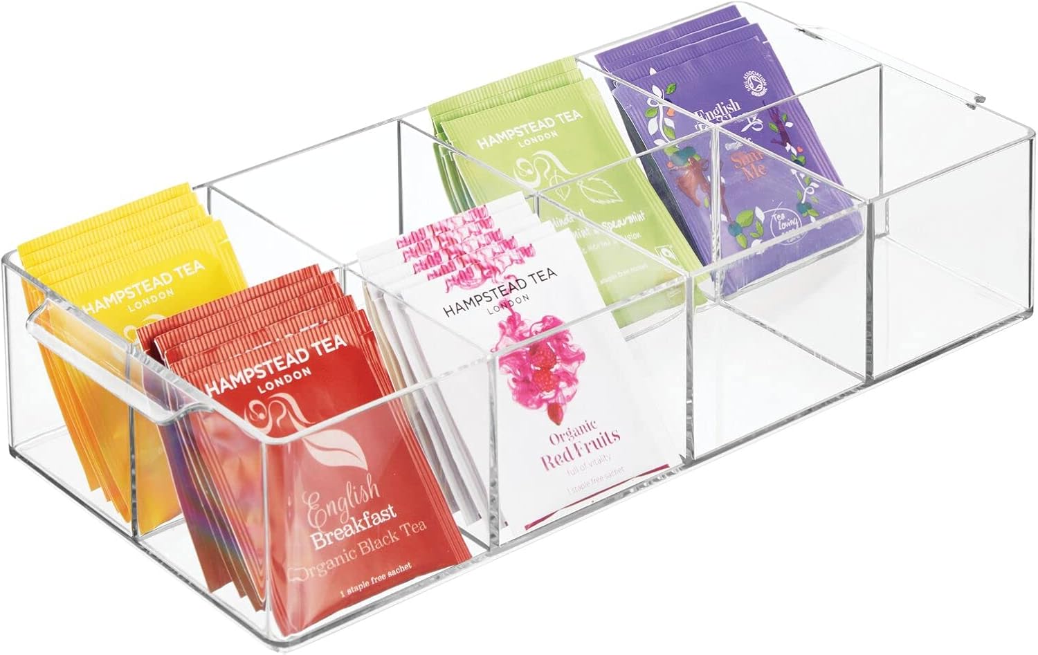 Plastic Condiment Organizer and Tea Bag Holder - 8-Compartment Kitchen Pantry/Countertop Storage Caddy - Divided Chip, Snack, Oatmeal Packet Holder - Lumiere Collection - Clear