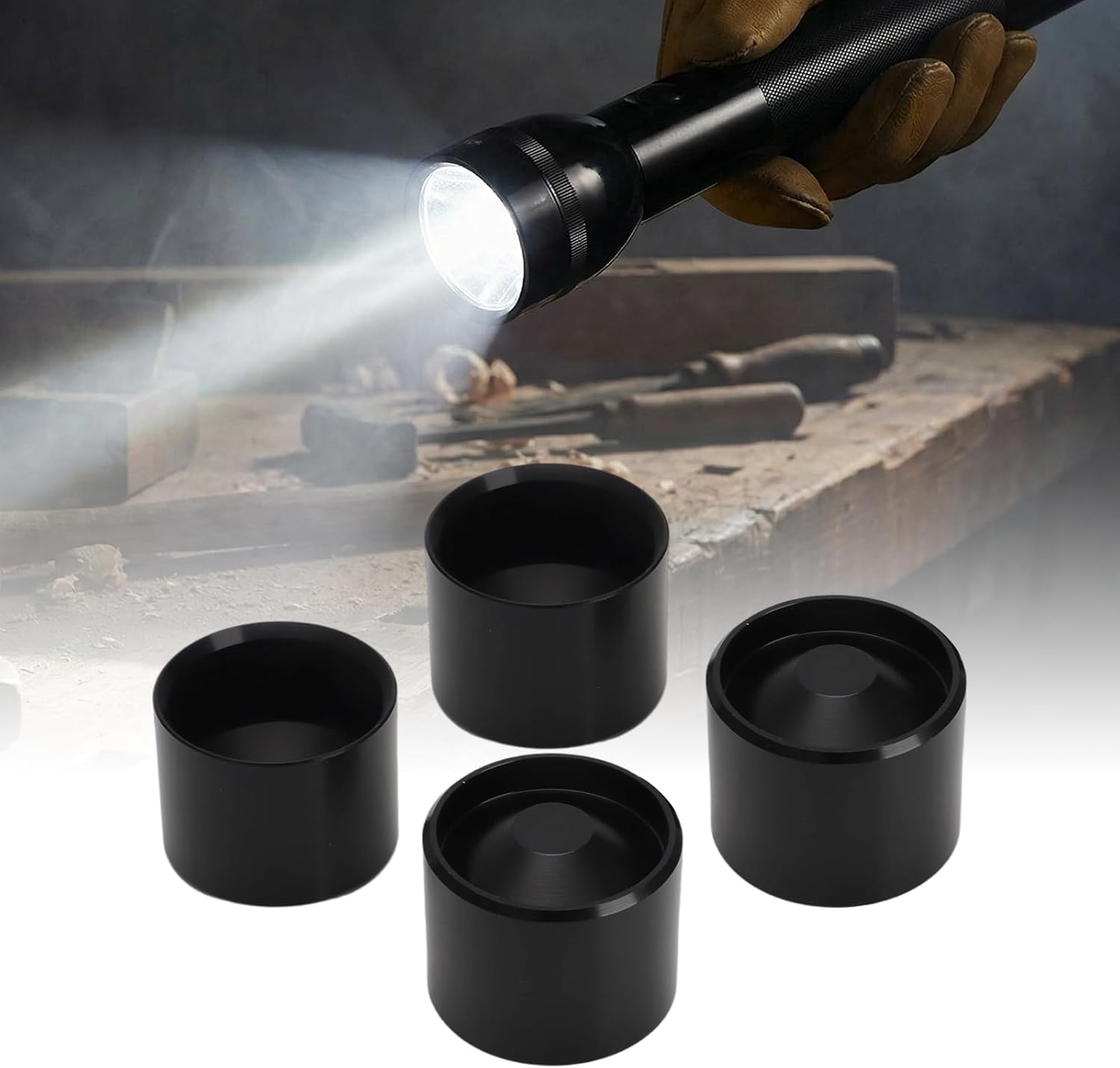 Set of 4 Dry Storage Hidden Cups Fits for Maglite D Cell Flashlights - Anodized Aluminum (Black)