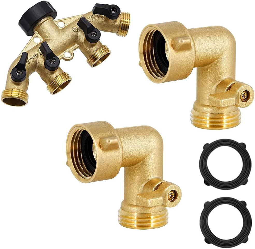 Hose Splitter 4 Way | 90 Degree Garden Hose Elbow with Shut Off Valve, 2 Pack