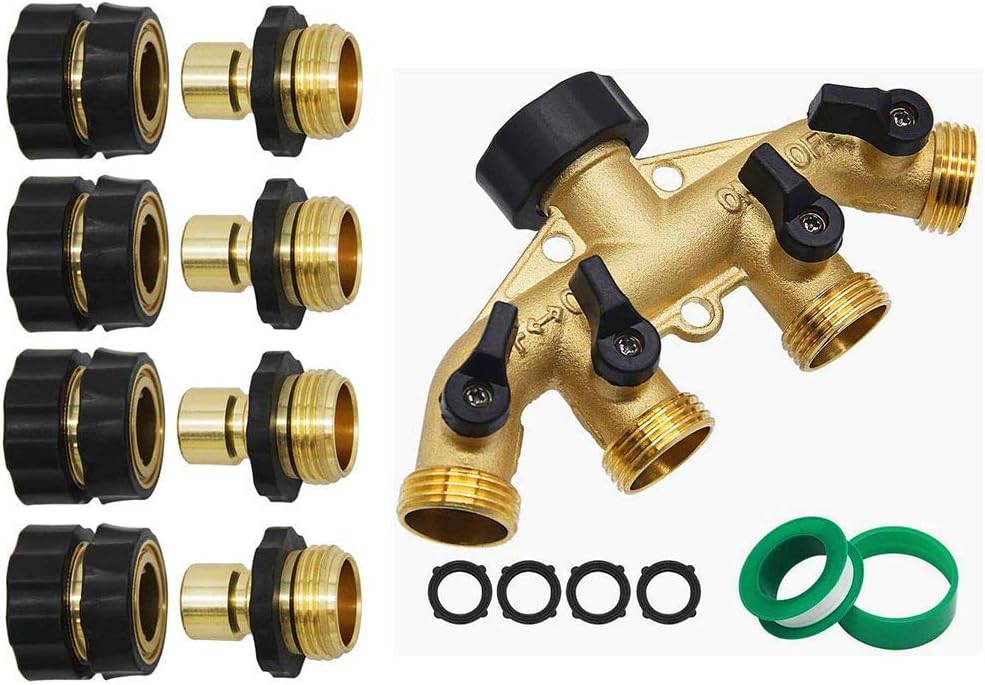 3/4 Inch Garden Hose Fitting Quick Connector Set, 4 Set | 4 Way Heavy Duty Brass Garden Hose Splitter, Hose Connector 3/4", Hose Spigot Adapter with 4 Valves