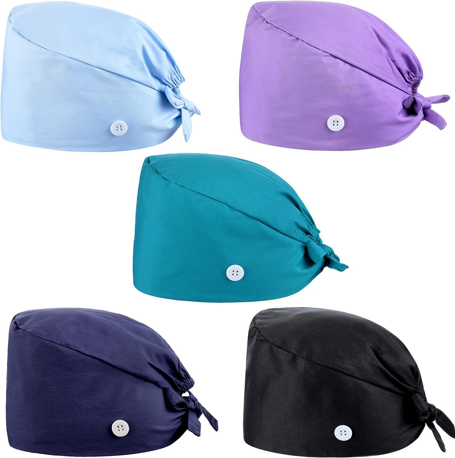 5 Pcs Surgical Working Caps with Button Adjustable Gourd Shaped Bouffant Working Hats with Sweatband Tie Back