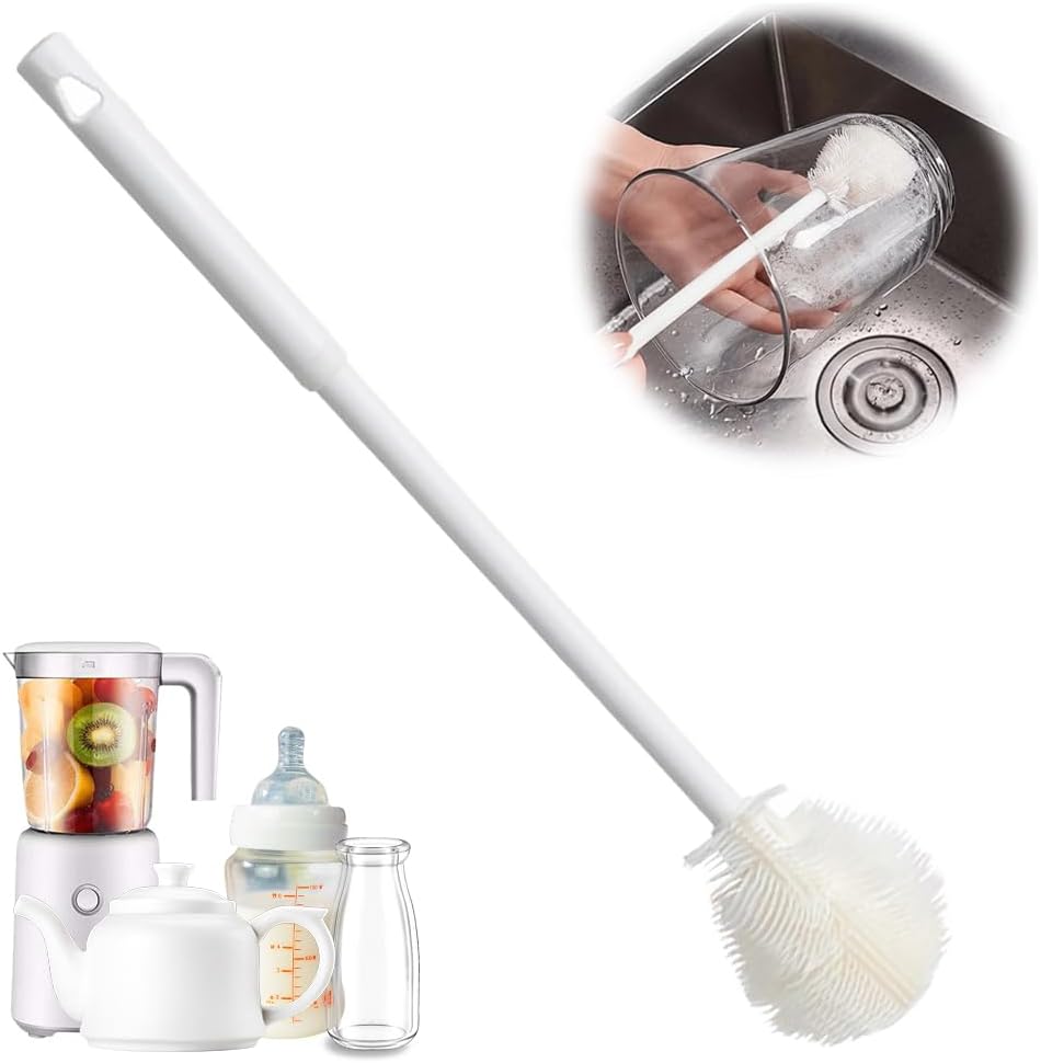 Soft Bristle Silicone Cup Brush, Upgrade 360°Silicone Cup Brush Long Handle Water Bottle Brush Cleaner, Cup Cleaner Brush Cup Lid Cleaning Brush for Narrow Neck containers (1, White)
