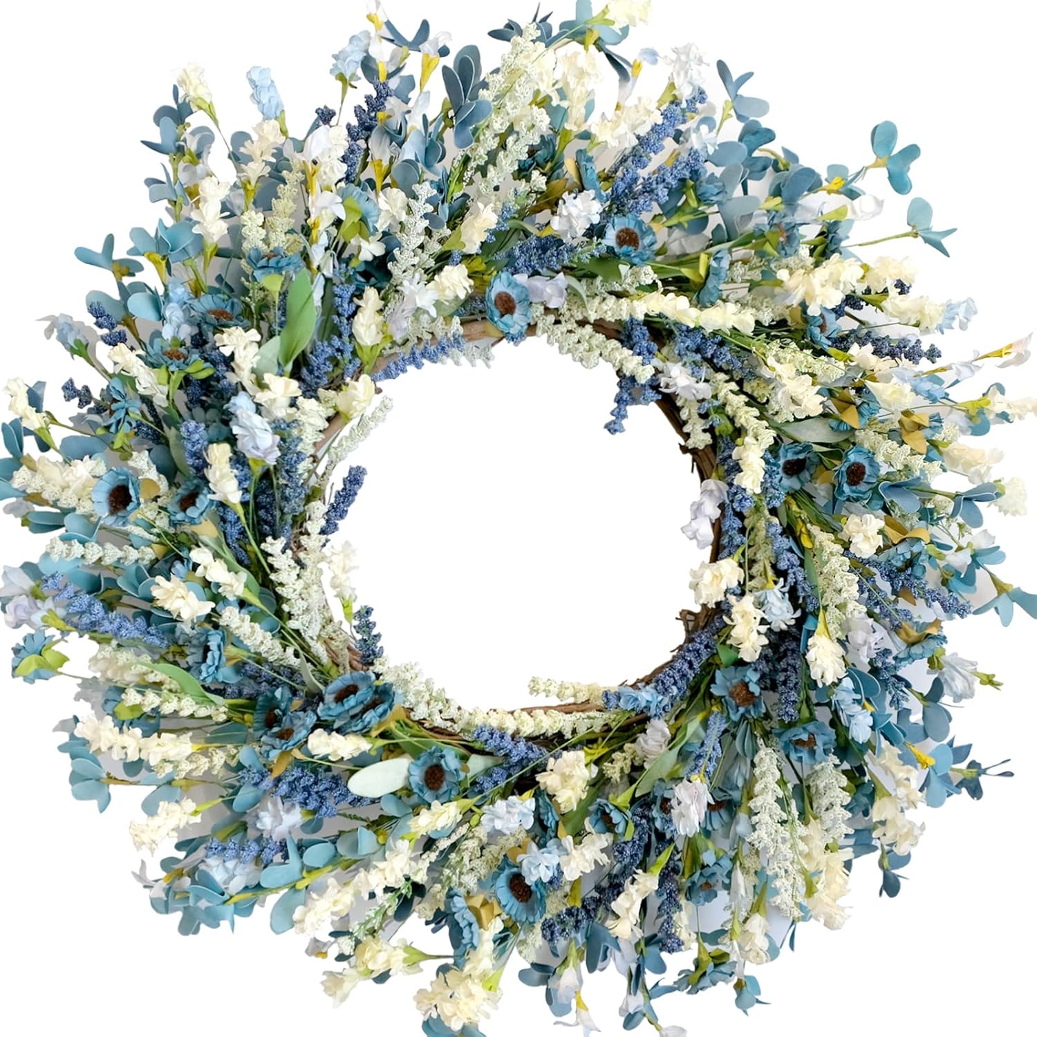 26 Inch Summer Spring Blue Ivory Lavender Flower Wreath for Front Door, Rustic and Farmhouse Wild Flowers Wreath for Inside and Outside, Coastal Blue Home Decorating