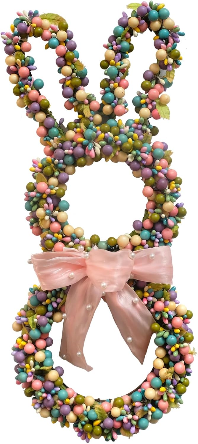 18 Inch Easter Bunny Berries Wreath for Front Door, Spring Easter Twig Bunny Ribbon Bow Wreath for Indoor Outdoor, Easter Wreath Decorations for Easter