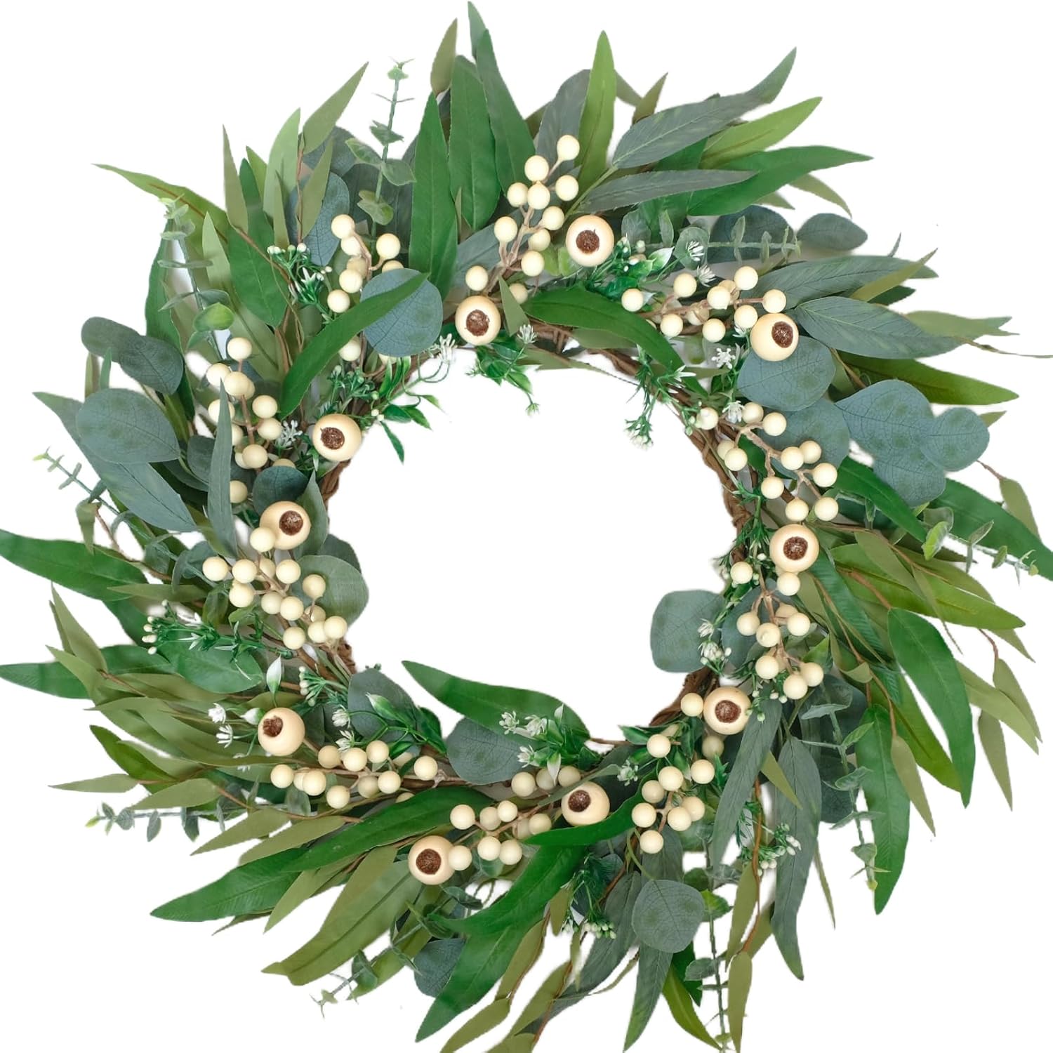 24 Inch Spring Eucalyptus Olive Leaves Wreath for Front Door, All Season Greenery Wreath with White Berries for Indoor Outdoor, Winter Spring Summer Wreath for Home Decor
