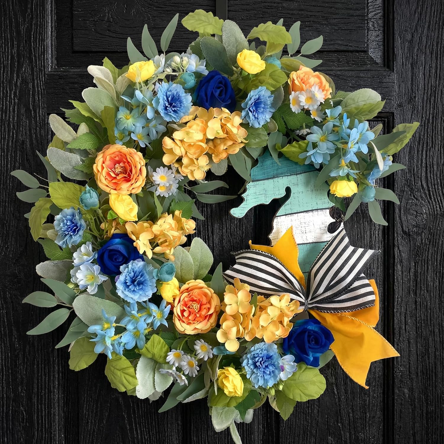 22" Coastal Spring Wreath for Front Door - Blue Roses, Yellow Peony & Hydrangea Wreath with Seahorse, Summer Eucalyptus Floral Wreath, Everyday Wildflowers Wreath for Indoor Outdoor Home Decor