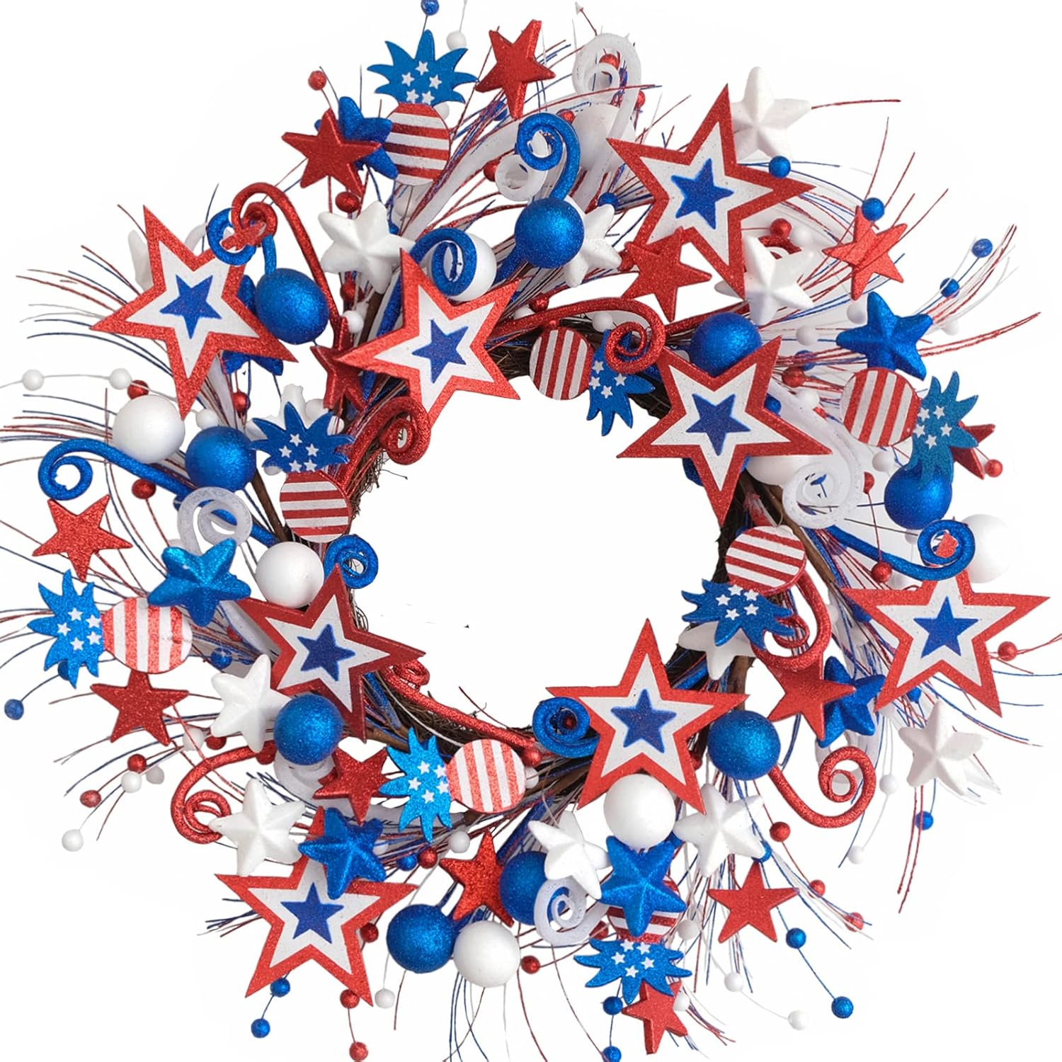 22 Inch Patriotic Glitter Stars Pineapple Wreath for Front Door, Memorial Day, Independence Day & 4th of July