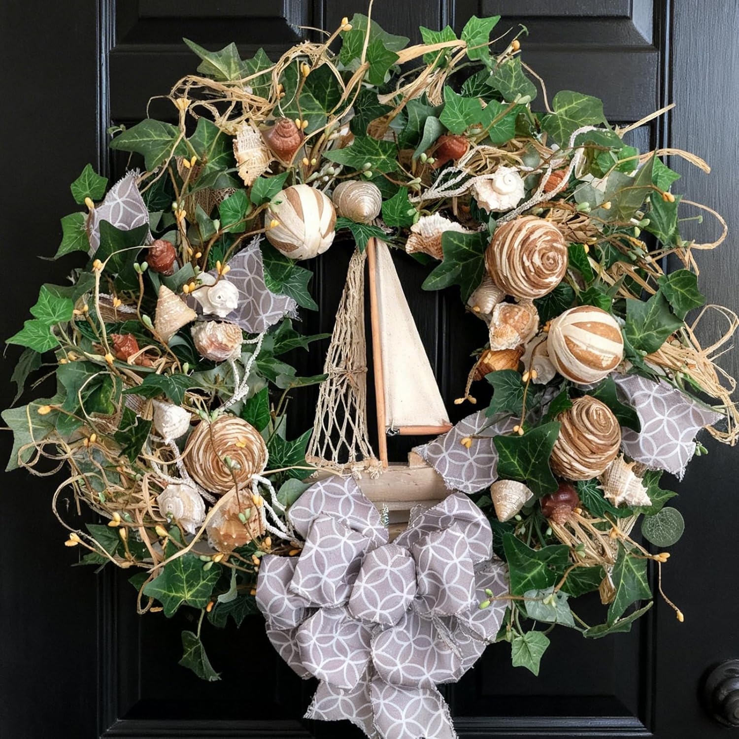 22 Inch Spring Summer Coastal Seashell Wreath for Front Door, All Seasons Seashell Wreath with Greenery and Wood Ship Wheel for Indoor Outdoor Decor