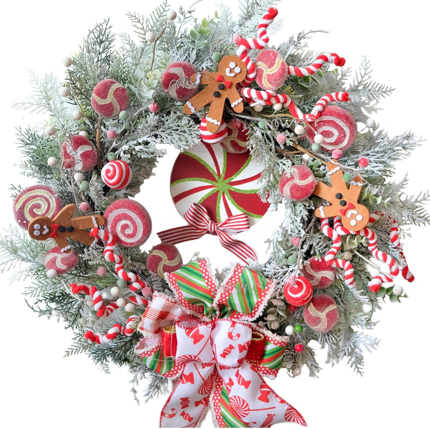 24 Inch Winter Christmas Candy Cane Wreath for Front Door, Christmas Red White Xmas Indoor Outdoor Candy Gingerbread Wreath, Holiday Wreaths for Window Wall