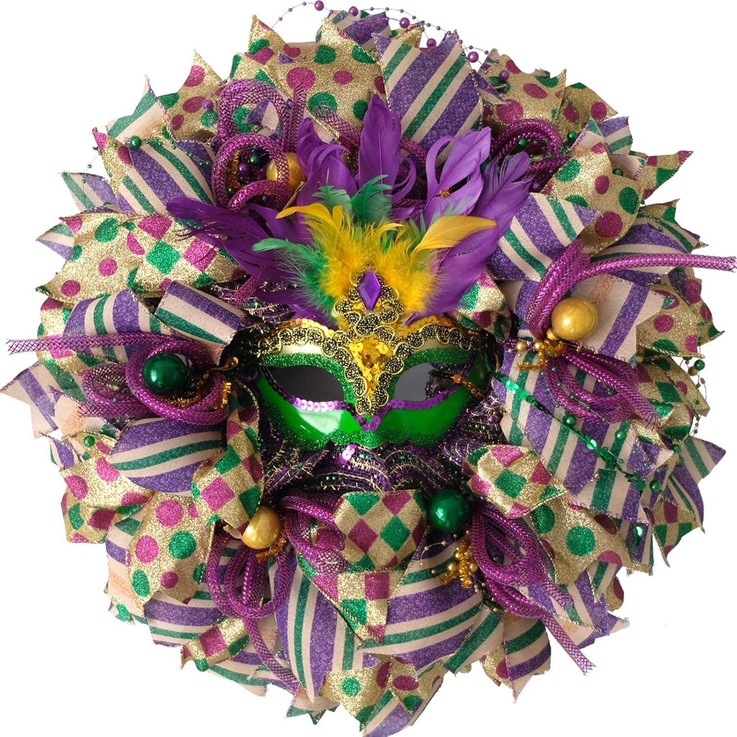 16 Inch Mardi Gras Wreath - Purple, Green, Gold Venetian Mask Wreath for Indoor/Outdoor Party