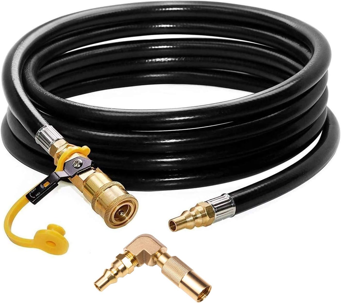 12ft RV Propane Quick Connect Hose with Elbow Conversion Fitting for Blackstone 17inch and 22inch Table Top Griddle - 1/4 inch Safety Shutoff Valve & Male Full Flow Plug