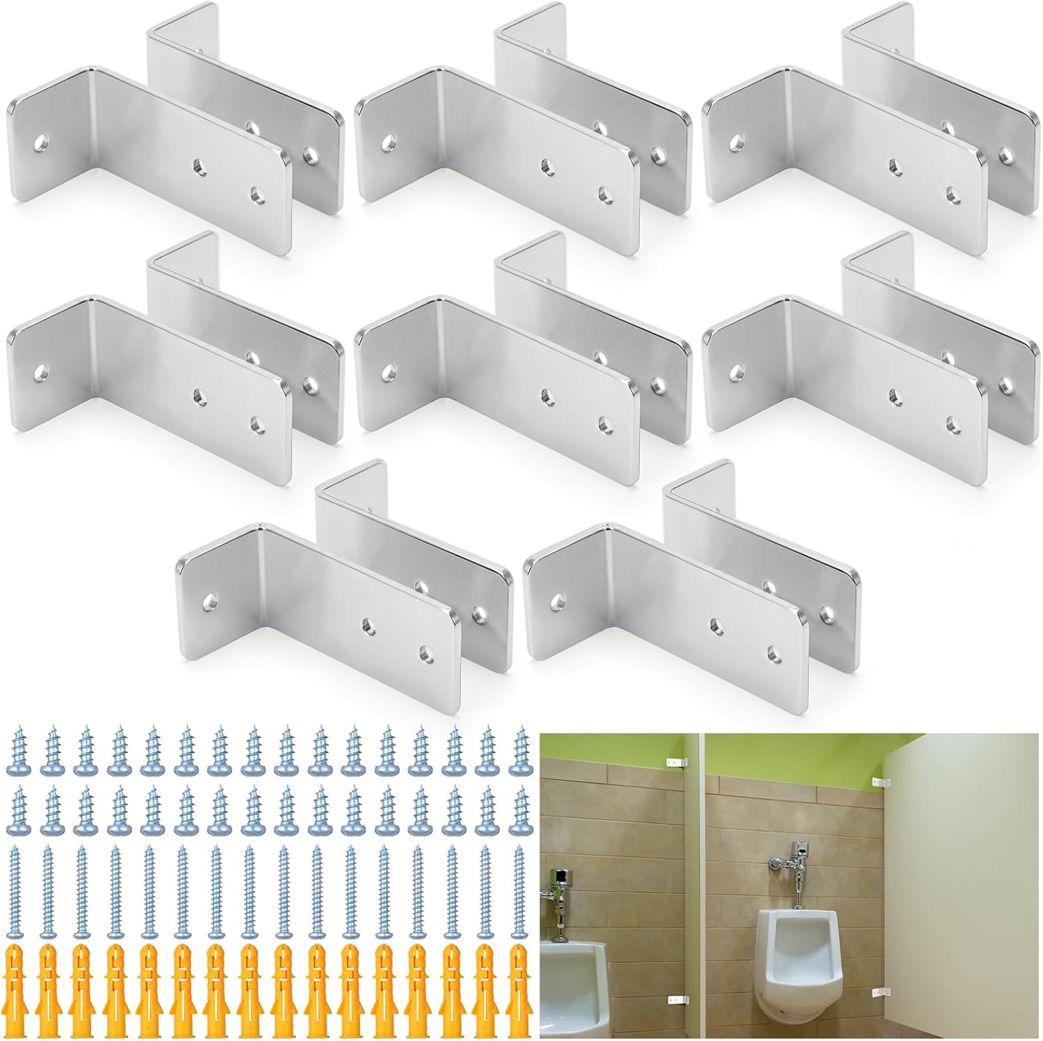 8 Set L-shaped Urinal Screen Brackets Polished Chrome 2-ear 3.5'' Long for All Panel Thicknesses with Fasteners and Through Bolts Screws Bathroom Partition Hardware Urinal Divider