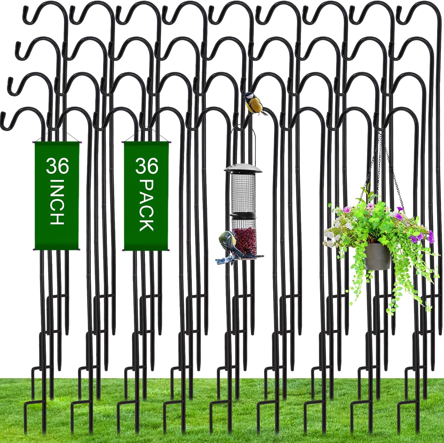 36 Pieces Outdoor Shepherds Hook 36" Tall 1/3" Thick Rust Resistant Adjustable Metal Garden Hook for Hanging Plants Bird Feeders Lantern Hangers Flower Basket Christmas Lights Weddings, Black