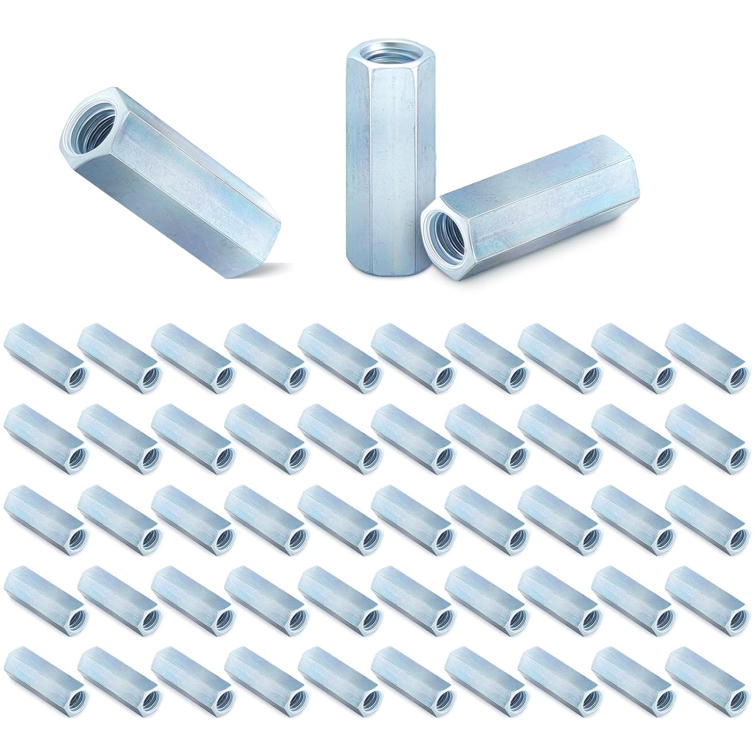50 Pcs Coarse Coupling Nuts 3/8''-16, Zinc Plated Carbon Steel