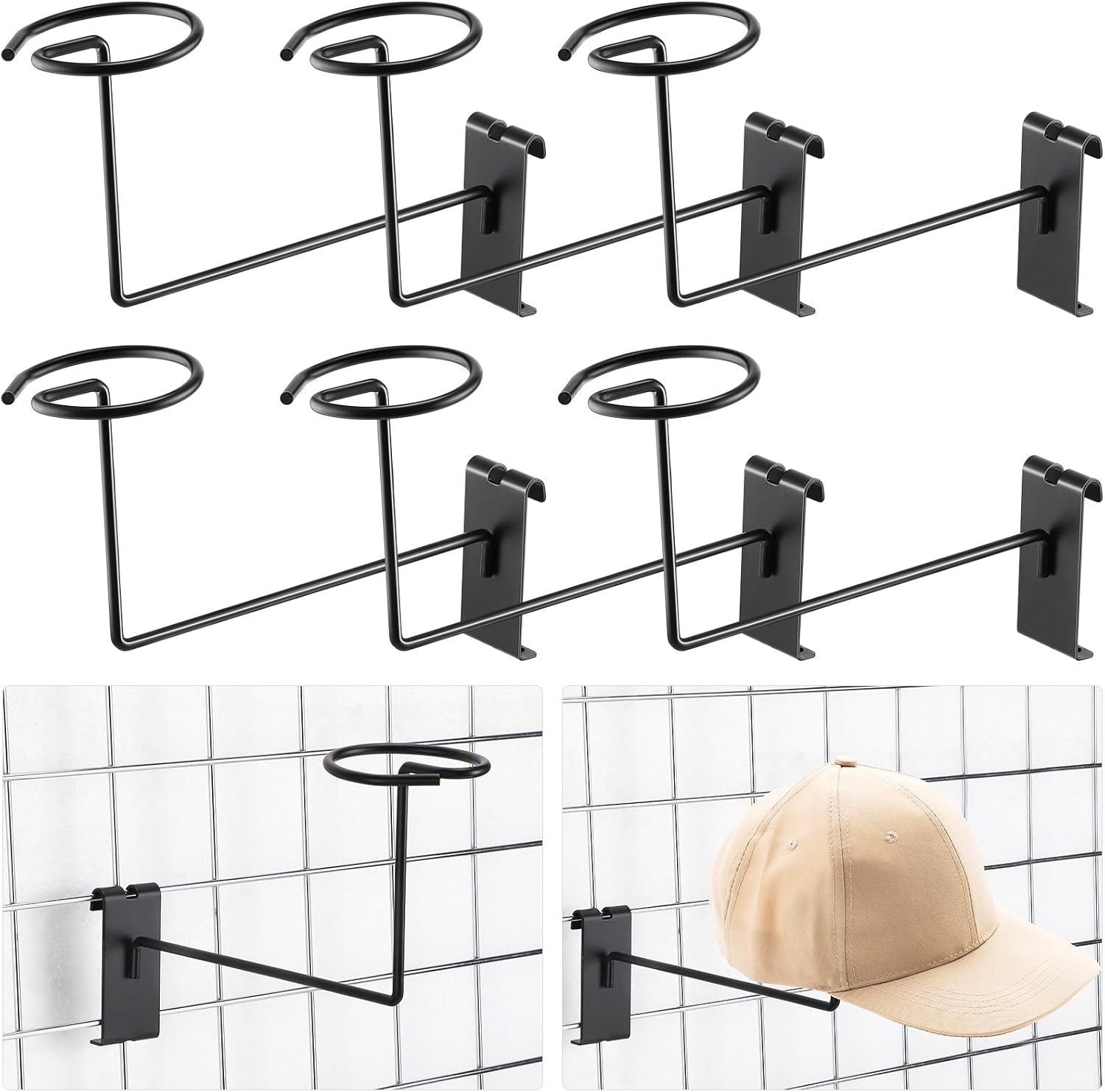 6 Pcs Hat Displayer for Gridwall, Metal Hat Helmet Rack Retail Store Display Shelves Organizer Cap Rack Wall Fixtures Gridwall Hooks Accessories for Craft Show Garage (Black)