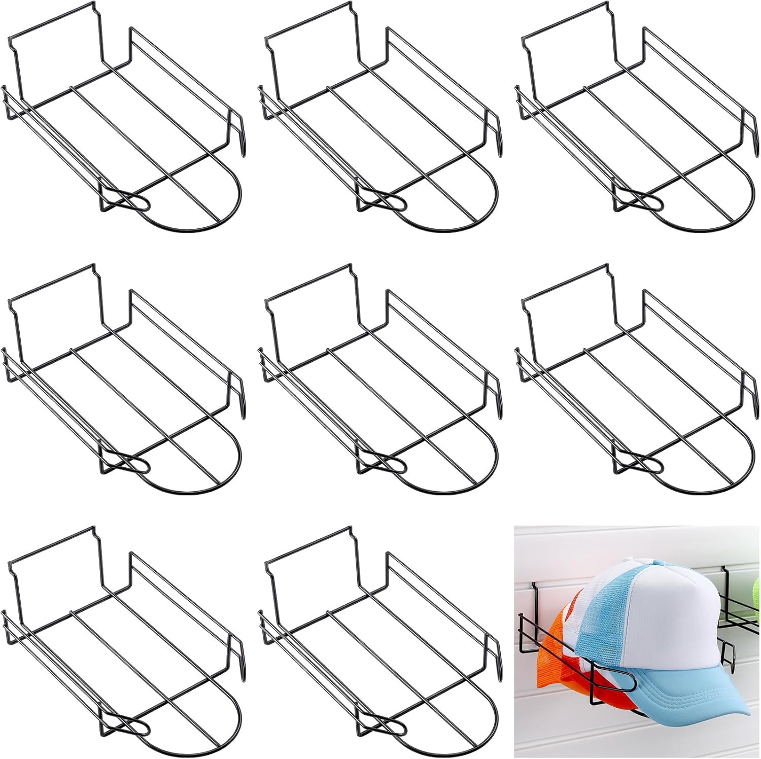 8 Pcs Wire Hat Display for Slat Wall Black Baseball Hat Display Rack Slatwall Accessories Retail Shelves for Bedroom Store Merchandise Office Wall Door Closet Hats Organizer