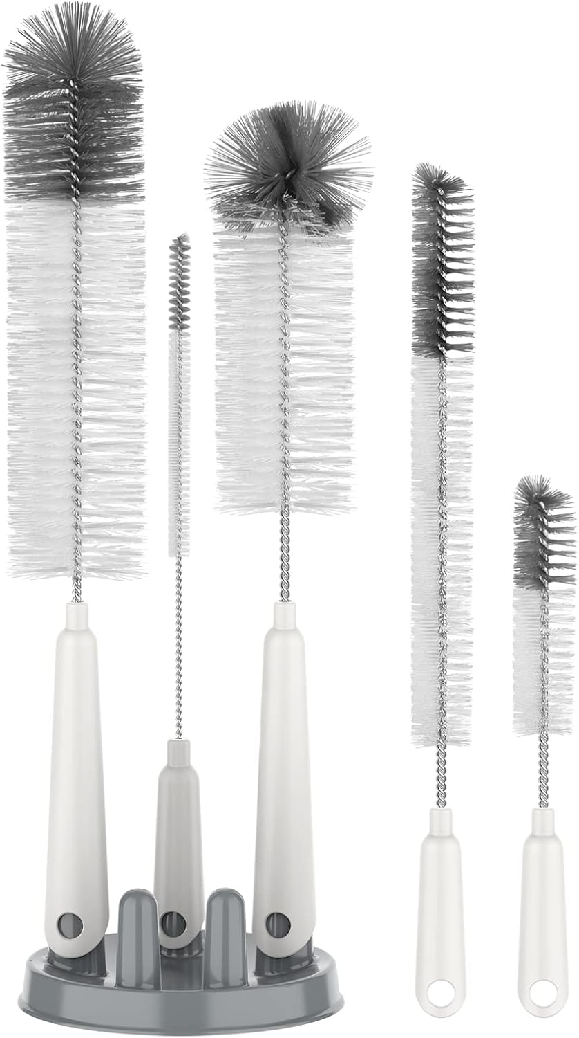 5 Pack Bottle Brush Cleaning Set with Storage Holder, Cleaning Brushes for Long Narrow Neck Bottles, Water Bottles, Baby Bottles, Tumblers, Drinking Glasses, Strews