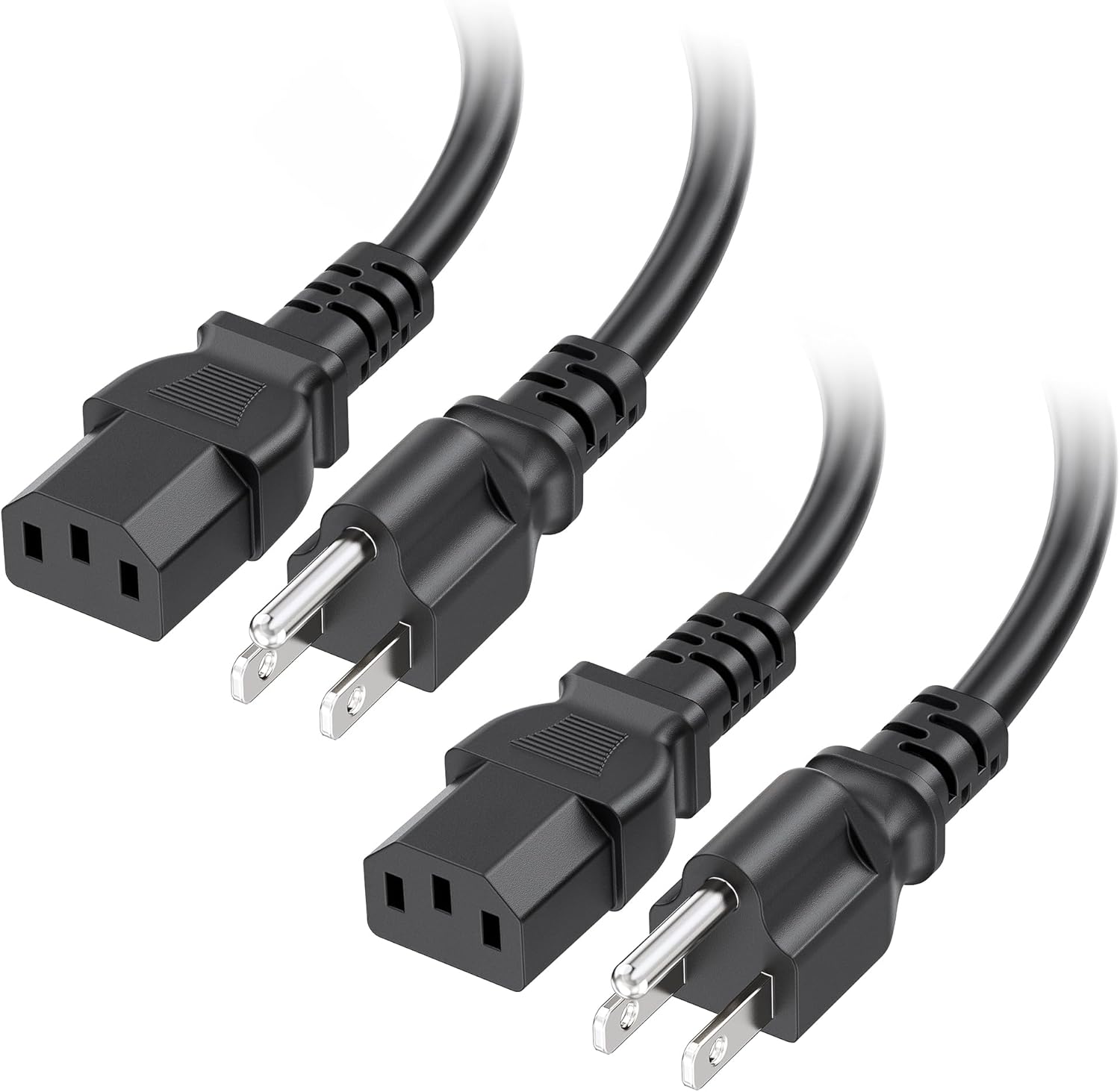 [UL Listed]  2-Pack 16 AWG 3 Prong Computer Power Cord - 10ft, 13A Monitor Power Cord Replacement, AC Cable, NEMA 5-15P to IEC C13, Black
