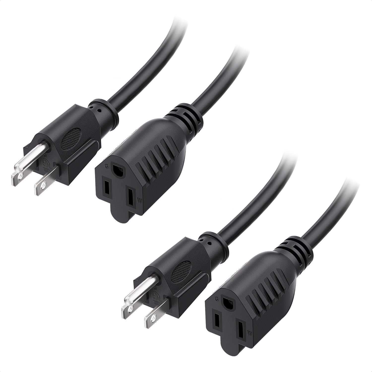 [ETL Listed]  2-Pack 16 AWG Heavy Duty 13A Power Extension Cord - 10ft, 3 Prong Power Cord Extension, NEMA 5-15P to NEMA 5-15R, Black