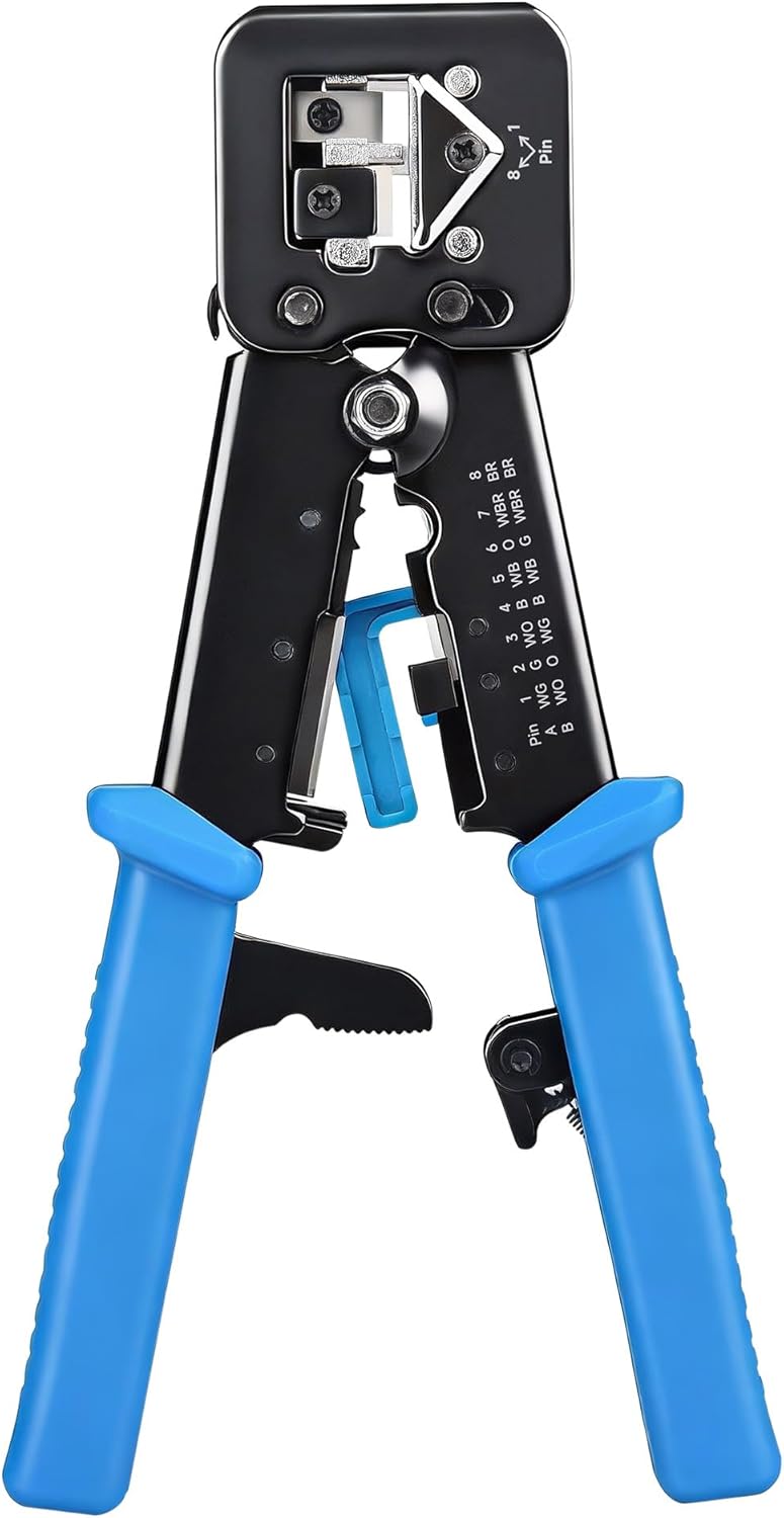 Modular RJ45 Crimp Tool for Pass-Through Connectors (Pass-Through Ethernet Crimper) with Built-in Wire Cutter and Stripper - 10-Pack Cat6 RJ45 Connectors Included