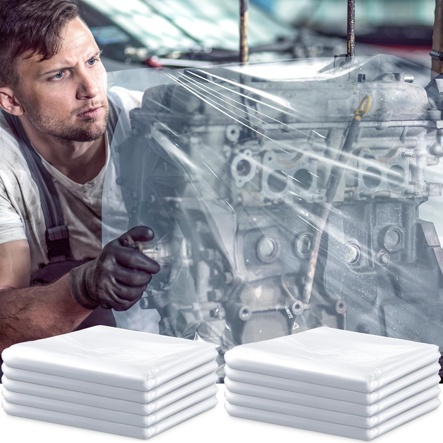 10 Pcs Engine Storage Bags Bulk Plastic Clear Engine Bag Covers Waterproof for Engine Protection, 39.4 x 47.2 Inch